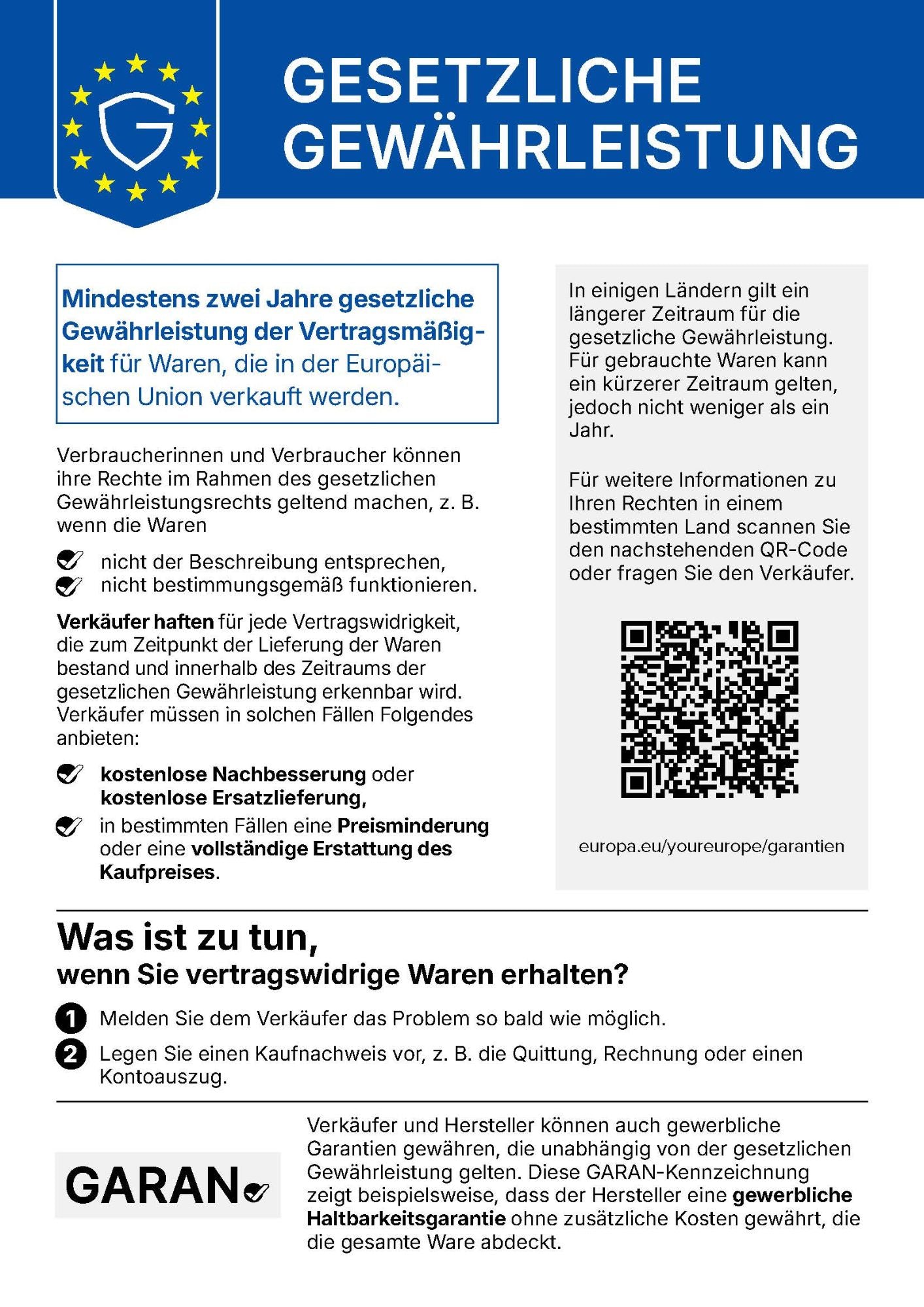EU-Hinweis: Gesetzliche Gewährleistung – mindestens zwei Jahre für Waren, die in der Europäischen Union verkauft werden. Der vollständige Text folgt.